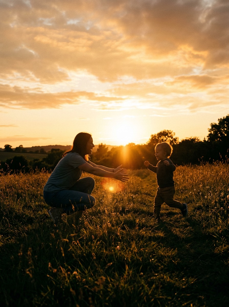 Ouder die door de knieën gaat terwijl een kind komt aanrennen, bij zonsondergang