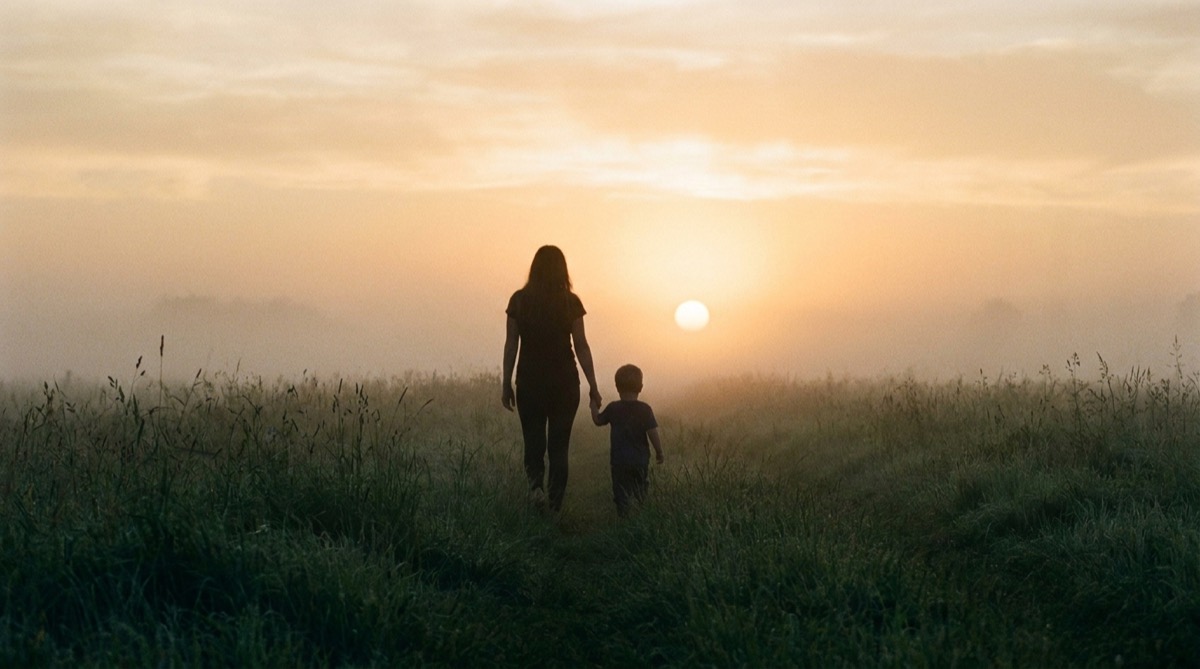 Moeder en kind lopen hand in hand door een gouden veld richting de opkomende zon